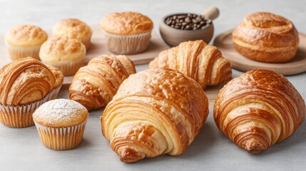 Fototapeta premium Coffee and Bakery Experience. Freshly Baked Croissants and Muffins on Table