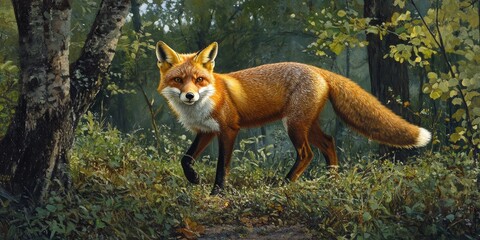 Red fox Vulpes vulpes in a wooded setting, showcasing the beauty of nature and the curious behavior of the red fox as it explores its natural habitat amid the trees.