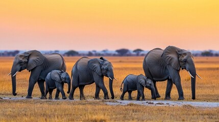 Obraz premium A family of elephants walking through a golden sunset landscape