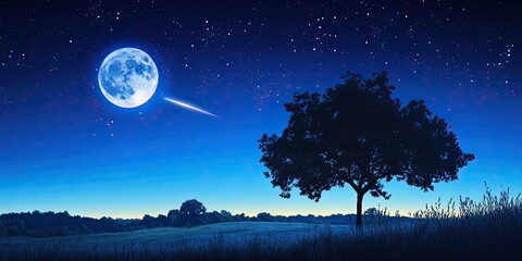 Silhouettes of a landscape under a full moon, accompanied by a shooting star, create a captivating scene. The full moon and shooting star enhance the beauty of the landscape silhouettes.