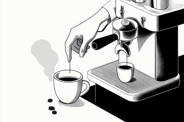 Blackandwhite illustration featuring a barista making coffee with surrounding coffee cups and beans emphasizing artistry and craft