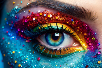 A vibrant, artistic close-up of an eye adorned with colorful glitter and makeup, showcasing creativity and bold expression.