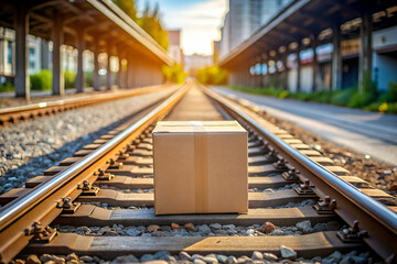 A cardboard box sits on railway tracks with a soft, warm light from the setting sun illuminating the scene, evoking themes of travel and delivery.