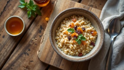 Salty cooked amaranth porridge with dried fruits and herbs in bowl on wooden board