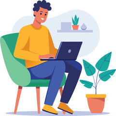 a boy is using his laptop vector
