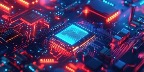 Fototapeta premium Abstract hardware and software background featuring a circuit board, chip processor, and mainboard. This hi tech computer engineer scene includes database coding and pixelated screens with vibrant