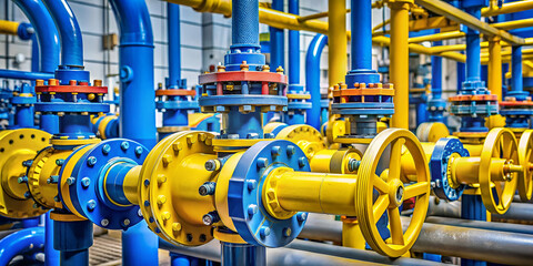 Industrial piping system featuring blue and yellow valves and fittings, showcasing an intricate arrangement of pipes and controls.