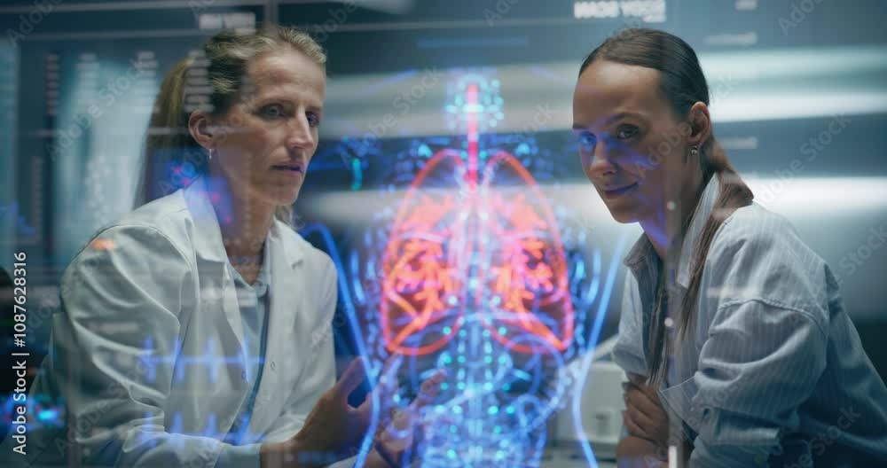 Aufkleber physician and patient examine detailed pulmonary holograms, discussing treatment options, ai maps br