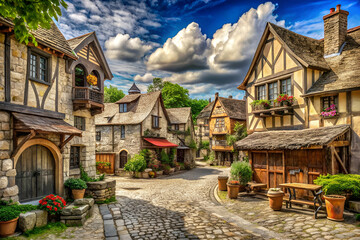 Fototapeta premium A picturesque village scene featuring cobblestone streets, charming timber-framed houses, vibrant flowers, and a dramatic sky.