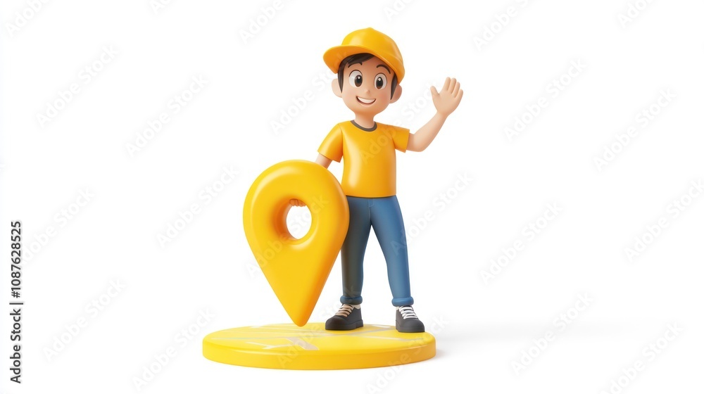 Poster a cheerful cartoon character holding a yellow location pin, symbolizing navigation or mapping.