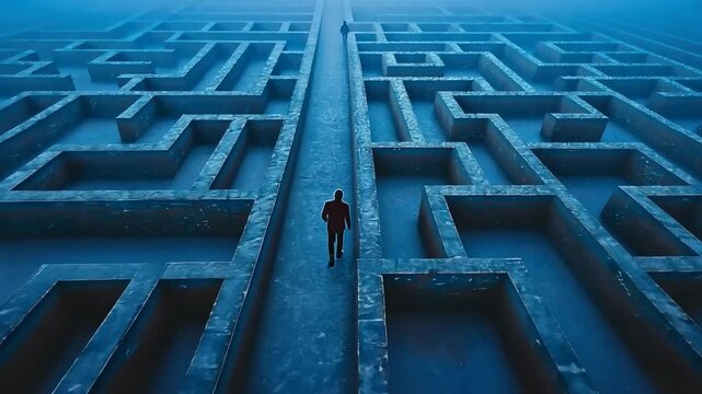 Solitary figure navigating vast blue maze