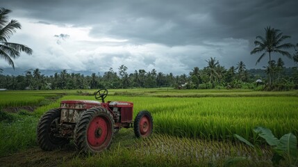 Fototapeta premium Red Tractor in Lush Green Rice Paddy Under Stormy Skies