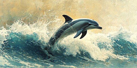 Fototapeta premium Dolphin gracefully swims, creating a beautiful splash of water. The dynamic movement of the dolphin captures the essence of playful aquatic life as it swims amidst the waves.
