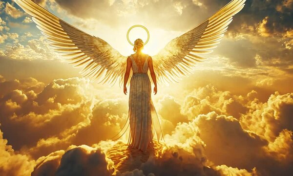 A radiant angel with wings stands amidst golden clouds, symbolizing divinity and hope.