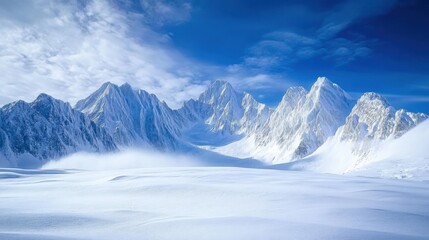 Majestic Winter Mountain Range, Snow Covered Peaks, Blue Sky
