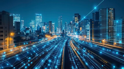 Obraz premium Modern high speed train is going through the city center with digital lines connecting buildings symbolizing data connection and smart city