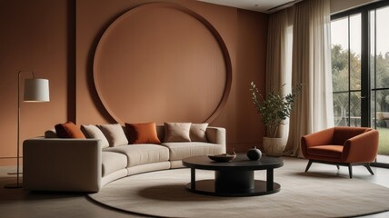 Modern living room with curved sofa, circular wall feature, and orange accent chair.