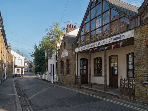 SOUTHEND-ON-SEA, ESSEX, UK - JULY 06, 2013:  View along the High Street at Old Leigh and the Lynn Tait Gallery at the Old Foundry
