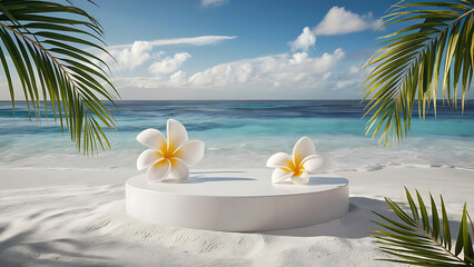 Obraz premium Tranquil Tropical Beach Scene with Frangipani Flowers, White Sand, and Ocean Backdrop – Perfect for Summer, Vacation, or Relaxation Themes