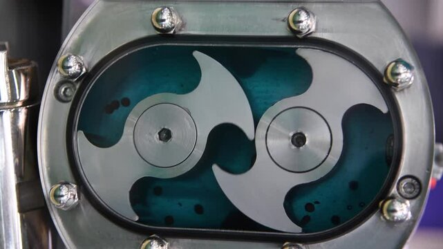 Close-up view of working Bi-wing (or butterfly) water rotary or lobe gear high pressure vacuum pump with blue water and small dark particles. Soft focus. Vertical video. Water system industry theme.