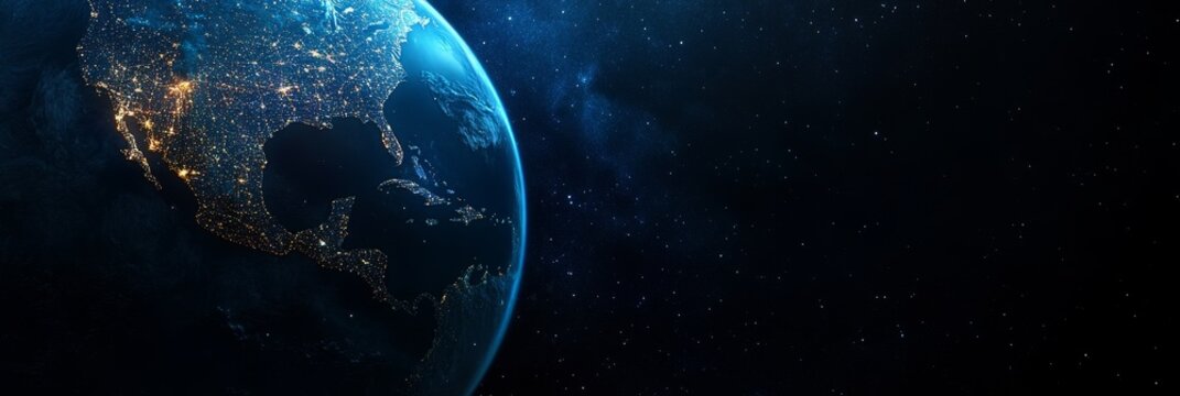 North America at Night: Illuminated Cities from Space - Stunning night view of North America, showcasing city lights, global connectivity, technological advancement, human settlements, and Earth's bea