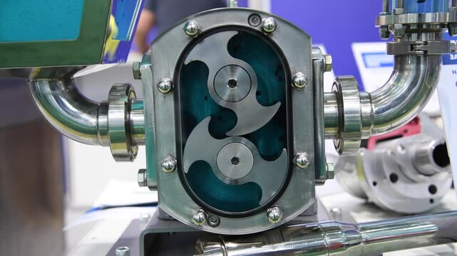 Close-up view of working Bi-wing (or butterfly) water rotary or lobe gear high pressure vacuum pump with blue water and small dark particles. Soft focus. Handheld video. Water system industry theme.