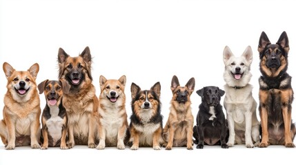 Group of dogs sitting together, showcasing different breeds and expressions