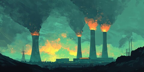 Nuclear plant chimneys prominently feature a flag, symbolizing energy and pollution concerns. The image reflects the theme of energy management and pollution accidents related to nuclear power.