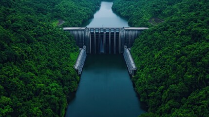 Fototapeta premium Smart Energy Stock Solutions. Aerial View of Massive Hydroelectric Dam Surrounded by Forest