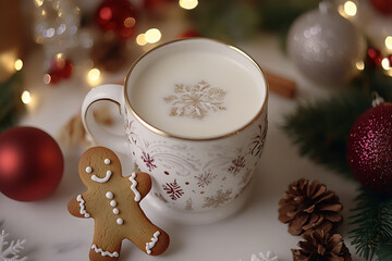 A festive Christmas-themed scene featuring a mug filled with milk and a cheerful gingerbread man leaning on the edge, surrounded by holiday decorations.
