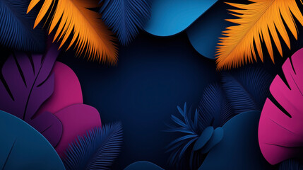 Colorful abstract composition with overlapping tropical leaf shapes in blue, orange, pink, and purple shades, arranged on a dark blue background.