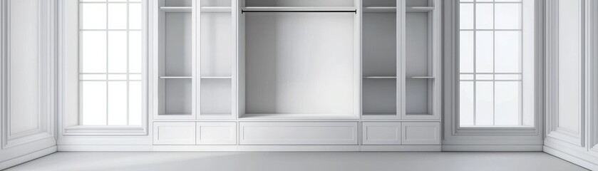 Imagine an empty builtin closet with frosted glass doors, shoe racks at the bottom, and overhead storage compartments