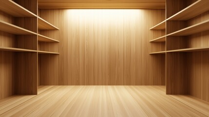 Obraz premium Imagine an empty corner closet with angled shelving and rods, maximizing an awkward space efficiently