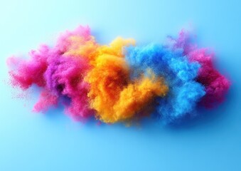 Fototapeta premium A burst of colored powders forms a dynamic cloud against a clear blue backdrop