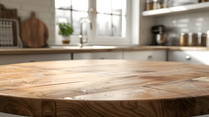 Close-up View of a Rustic Wooden Table in a Bright Kitchen Setting, Showcasing Natural Grain Patterns and Contemporary Decor Elements