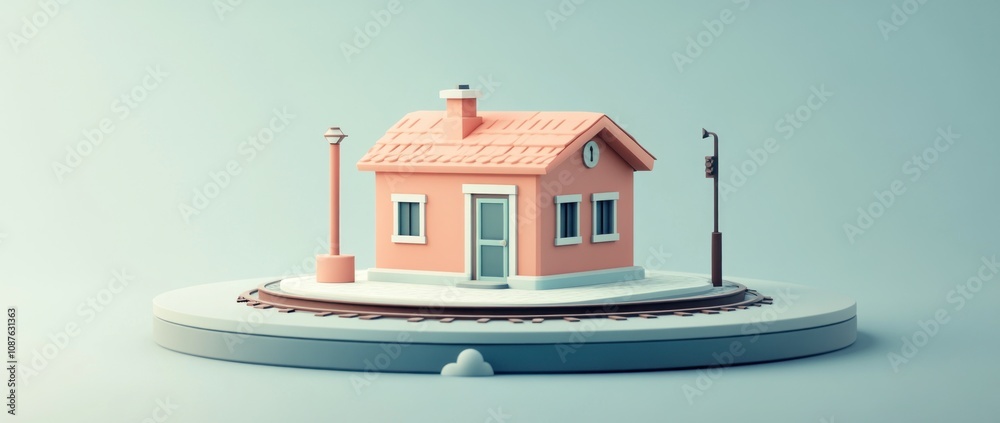 Poster a whimsical model of a pink house on a circular base with train tracks.