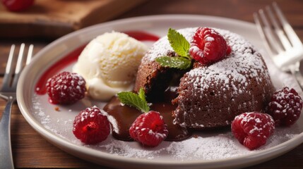 A decadent chocolate lava cake with a molten center, served with vanilla ice cream and berries
