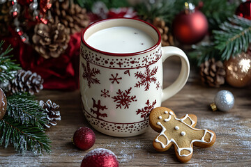 A festive Christmas-themed scene featuring a mug filled with milk and a cheerful gingerbread man leaning on the edge, surrounded by holiday decorations.