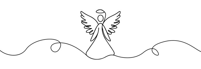  Simple one continuous line drawing of christmas angel. Christmas angel line art .Christmas and religion symbols isolated on white. Angel trumpets  silhouette