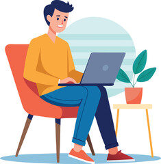 a boy is using his laptop vector