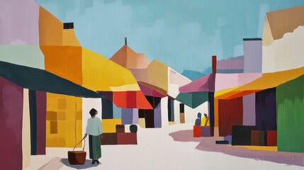 Fototapeta premium Abstract painting of a vibrant street scene with a woman carrying a basket, buildings with colorful awnings, and people interacting.