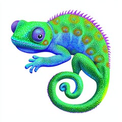 Colorful chameleon illustration, vibrant details, white isolated background.