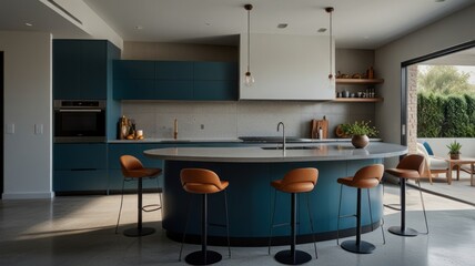 Here's a caption and keywords for your stock photo.. Modern teal kitchen with curved island, leather barstools, and outdoor access.