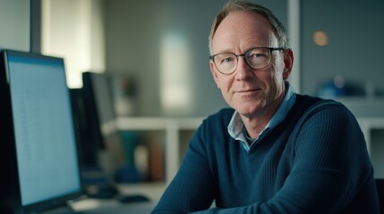 Mature Man Office Professional Portrait, Computer Screen, Glasses, Focused