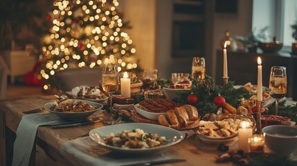 Festive Christmas Dinner Table with Candles and Food