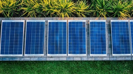 Solar panels installed on a rooftop surrounded by greenery