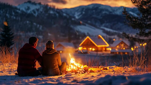 Family sitting together by the fire, toasting marshmallows and sharing stories, with the warmth of the season all around. 4K Video