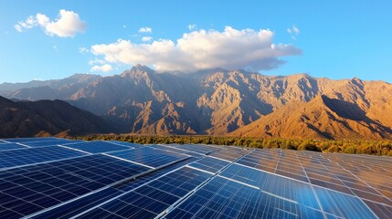 Solar panels with mountains under a blue sky at sunset