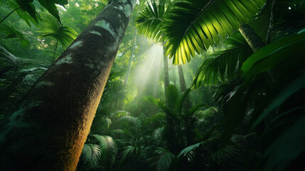 Naklejka premium Dense tropical rainforest with tall trees and lush green foliage, sunlight streaming through canopy creating beams of light, peaceful and vibrant natural environment
