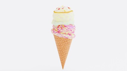 Delicious Ice Cream Render in Bowl with Chocolate Drizzle - Realistic 3D Food Art.  intricate textures, glossy chocolate, and creamy scoops perfect for advertisements, packaging, menus, and food.